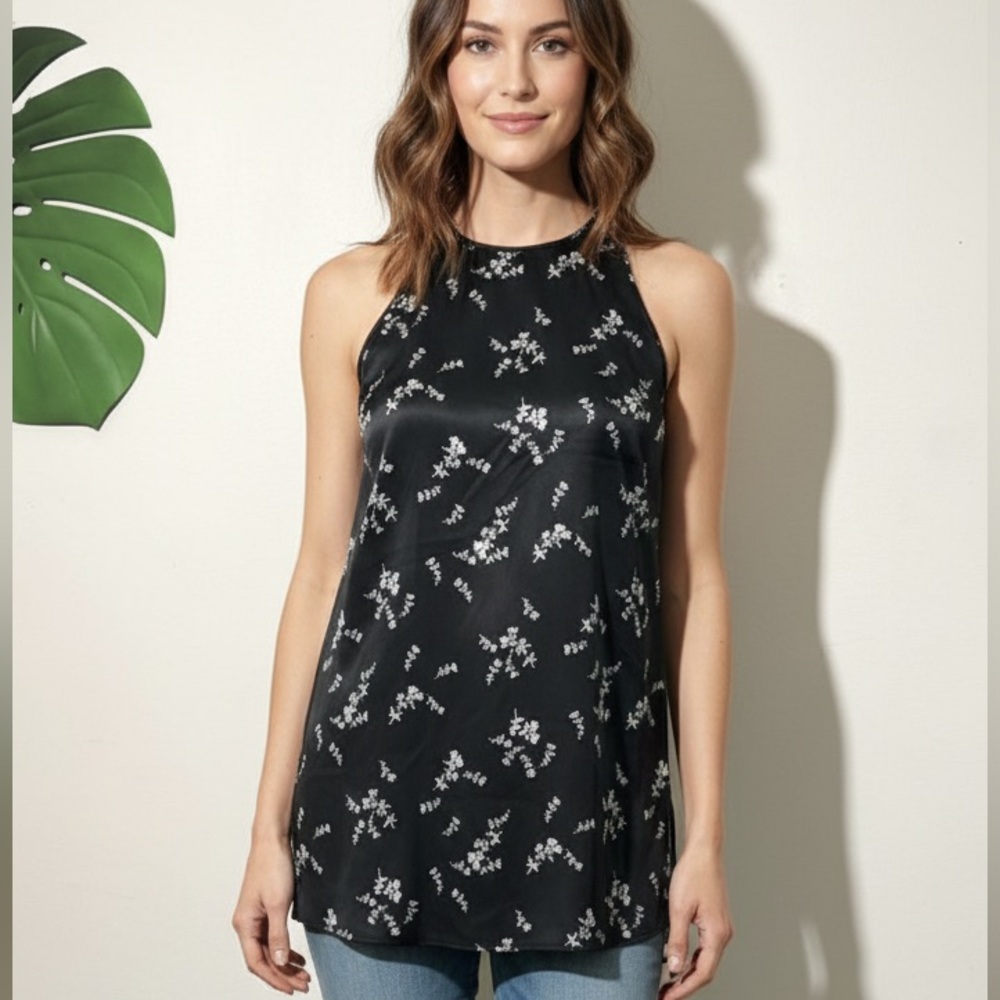 Theory Silk Perfect Tie Top Sleeveless Black Multi Petal 1092511R Sz. 0 Sz. XS